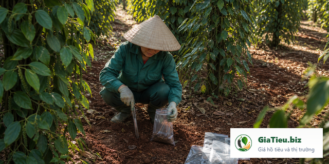 Mẫu đất và rễ hồ tiêu được chuẩn bị để phân tích tuyến trùng